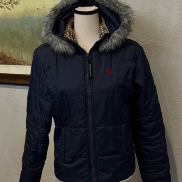 Authentic Burberry Navy Jacket with Faux Fur Hood - Picture 1 of 6